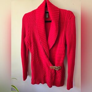 Lauren Ralph Lauren Red Cable Knit Buckle Cardigan Sweater - large